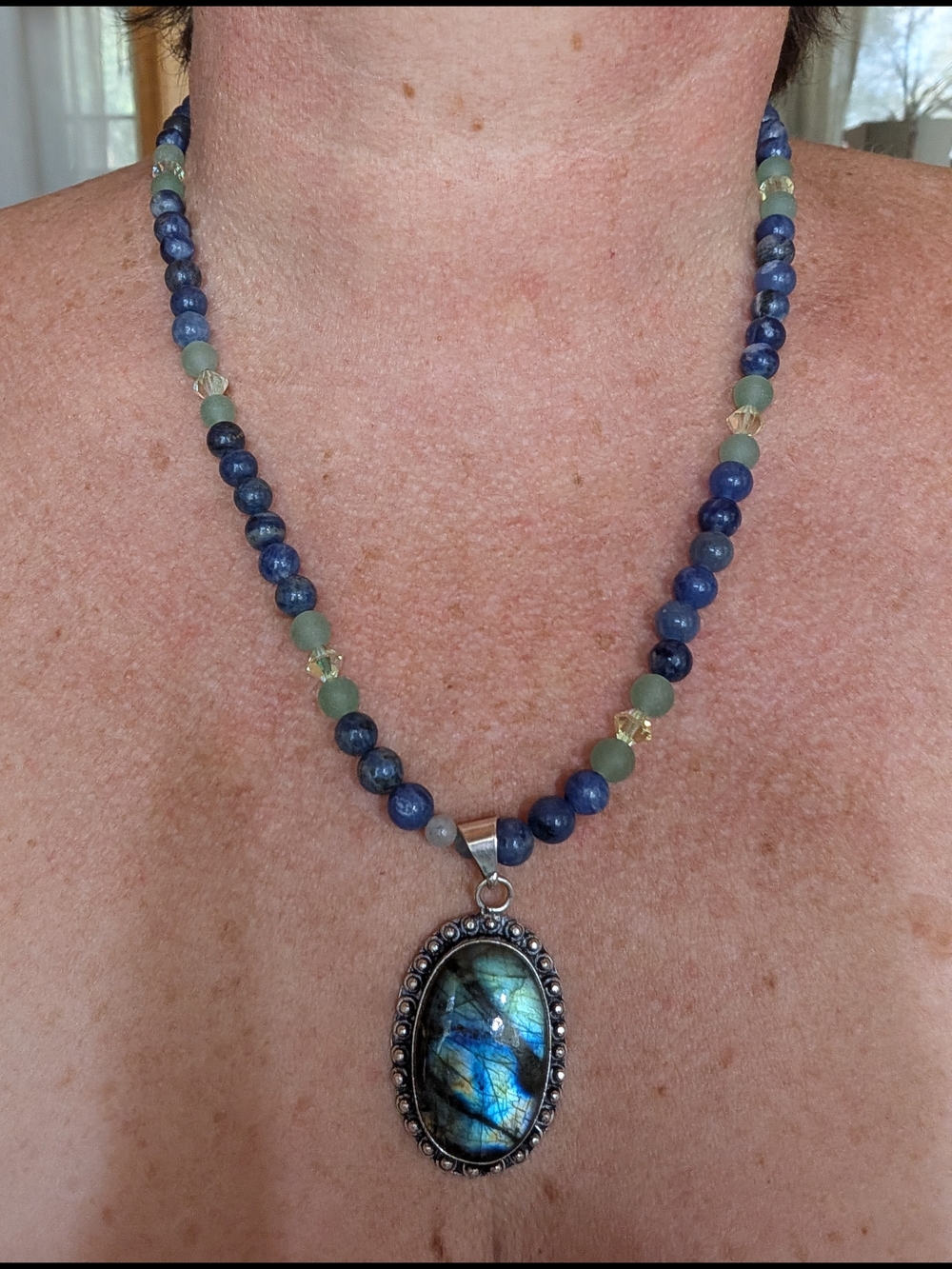 Beaded Labradorite Pendant Necklace in Blue and Green